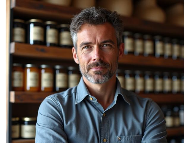 Portrait réfléchi d'Antoine Laurent, co-fondateur de Fleurie Saveurs, devant des étagères de produits artisanaux.