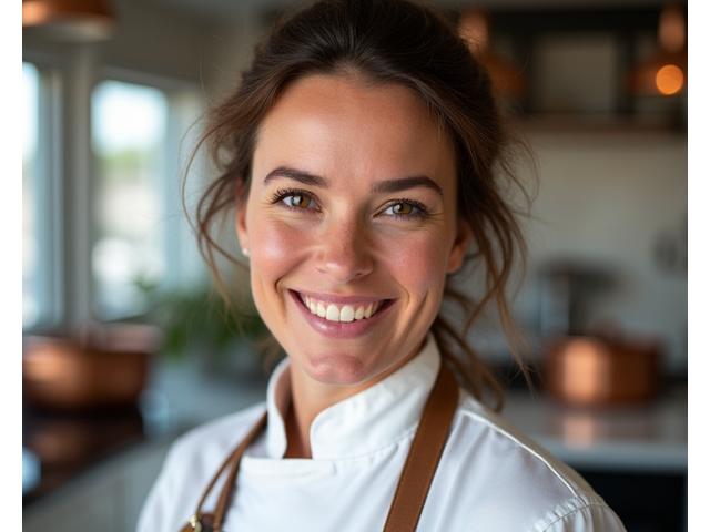 Portrait souriant d'Élodie Duval, co-fondatrice de Fleurie Saveurs, dans une cuisine lumineuse.