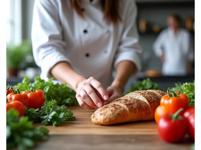 Illustration d'un chef travaillant sur des ingrédients frais dans un studio de cuisine moderne, symbolisant la collaboration et la créativité culinaire.