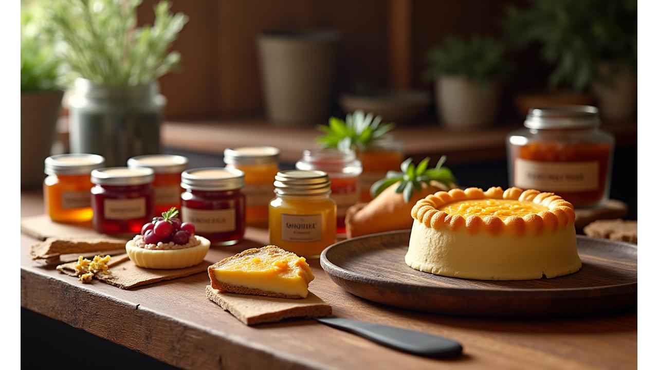 Assortiment de produits gastronomiques artisanaux présentés avec élégance