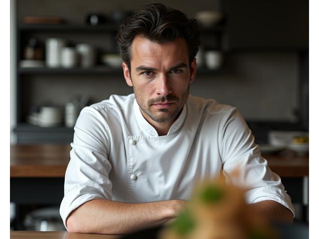 Portrait du Chef Marc Moreau, souriant devant une assiette dressée