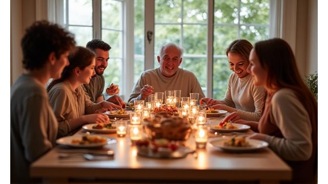 Famille en train de célébrer un anniversaire autour d'une table dressée