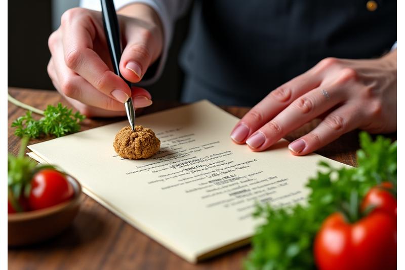 Chef présentant un menu manuscrit luxueux à un couple