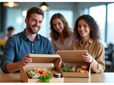 Employés de bureau recevant un kit repas gourmet sur leur lieu de travail