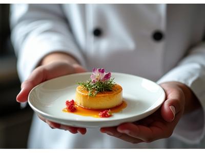 Chef étoilé présentant une assiette gastronomique