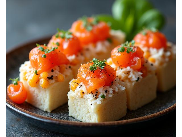 Plat de cuisine fusion internationale, par exemple un bao bun gourmet ou un taco revisité, avec des couleurs vives et des textures variées, dans un cadre moderne.