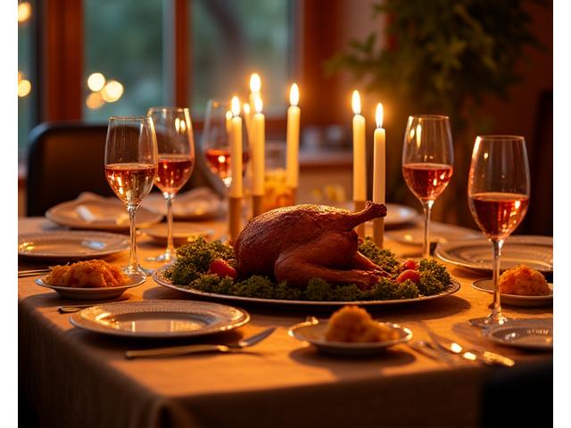 Une table de fête joliment dressée avec un plat spécial pour une occasion, comme une dinde rôtie pour Noël ou un plateau de mignardises pour un anniversaire, dégageant une ambiance chaleureuse.