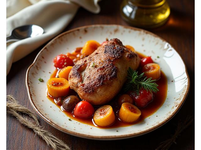 Plat traditionnel lyonnais élégamment dressé, comme un coq au vin ou une quenelle de brochet, mettant en valeur des ingrédients locaux et frais.