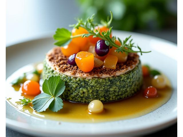 Un plat végétal gastronomique, tel qu'un carpaccio de légumes racines coloré ou un risotto aux champignons des bois, présentant une esthétique naturelle et raffinée.