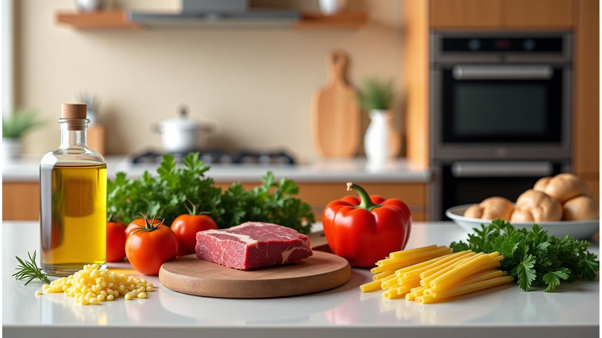 Vue immersive d'un kit repas gourmet Fleurie Saveurs étalé sur un comptoir de cuisine moderne, avec des ingrédients frais, colorés et des ustensiles élégants prêts à être utilisés.