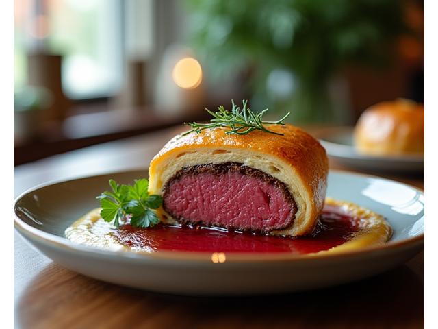 Photo d'un plat finalisé: un filet de bœuf en croûte, joliment dressé, avec des légumes de saison, pris par Marie Dupont.