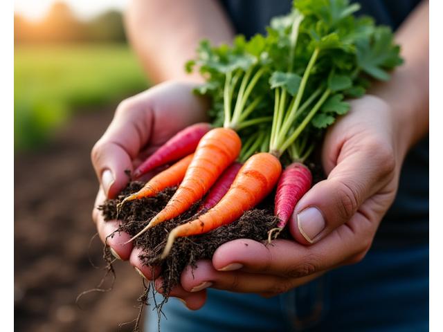 Des mains d'agriculteur tenant des légumes frais et de la terre, symbolisant le sourcing local et l'authenticité, avec des étiquettes de certification floues en arrière-plan.