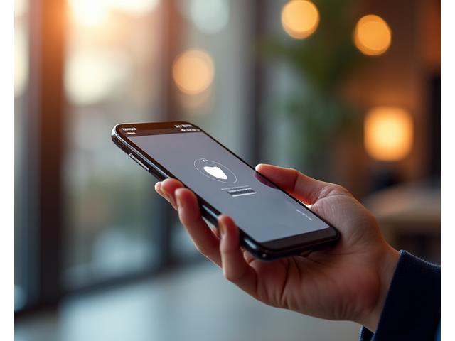 Main tenant un smartphone avec un symbole de bouclier, représentant le support légal et la protection des données.