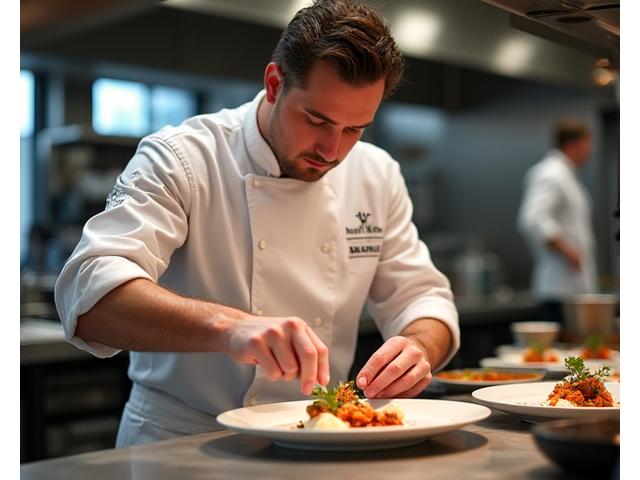 Chef lyonnais préparant un plat dans une cuisine professionnelle