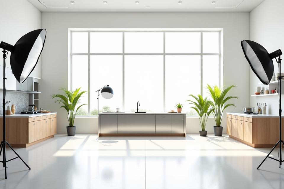 Intérieur d'un studio photo professionnel avec équipement d'éclairage et cuisine intégrée