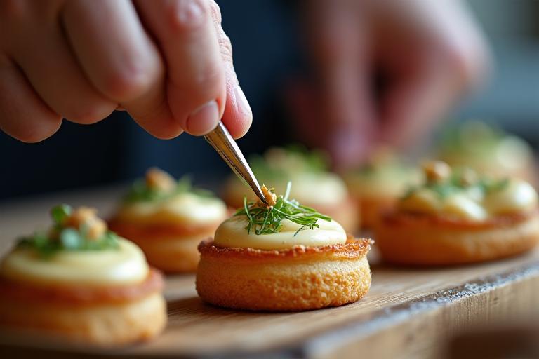 Styliste culinaire arrangeant un plat avec précision sur un set de photo