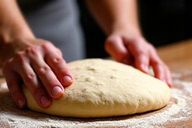 Main d'artisan travaillant une pâte à pizza à la fermentation lente