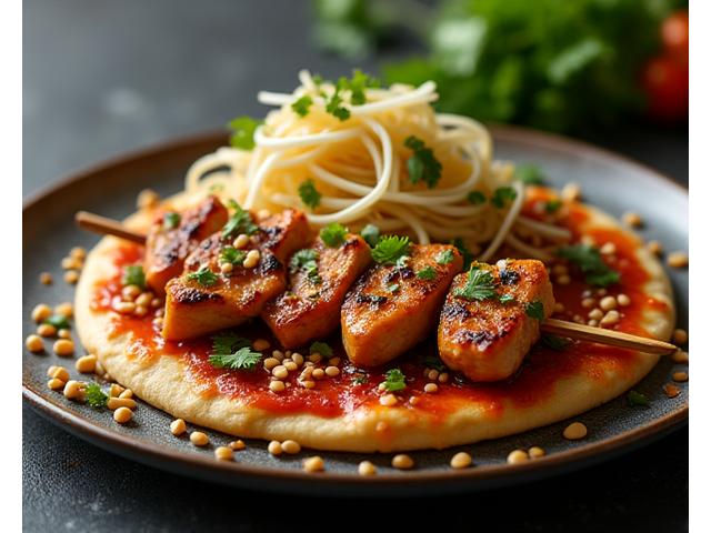 Pizza Thaï avec poulet satay et cacahuètes