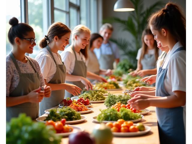 Groupe de personnes souriantes participant à un atelier cuisine végétale pour débutants