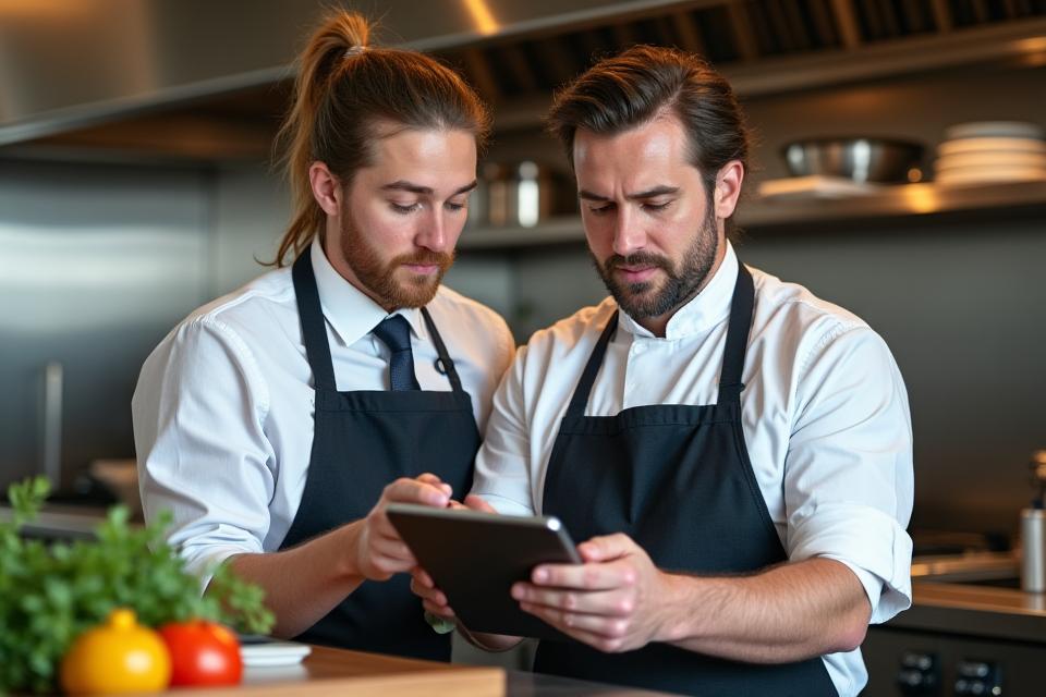 Consultant discutant avec un chef dans une cuisine de restaurant