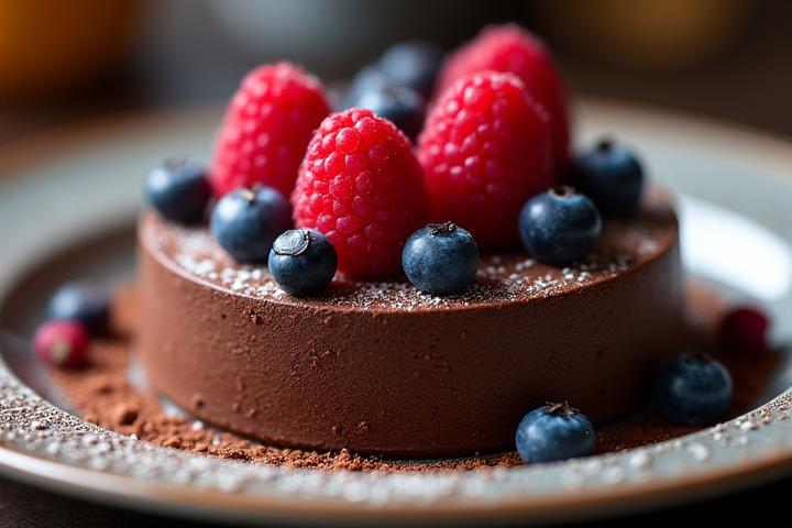 Dessert vegan au chocolat et fruits rouges, riche et décadent