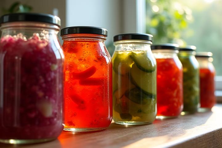 Bocaux de légumes fermentés colorés, vue rapprochée