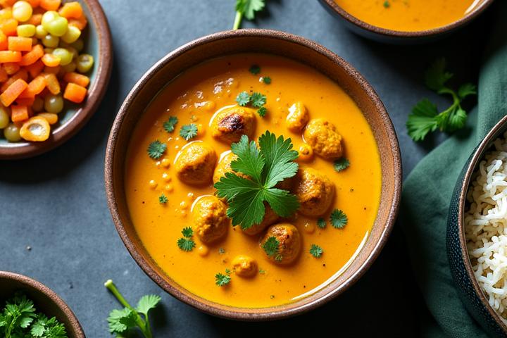 Curry végétal coloré avec riz et épices