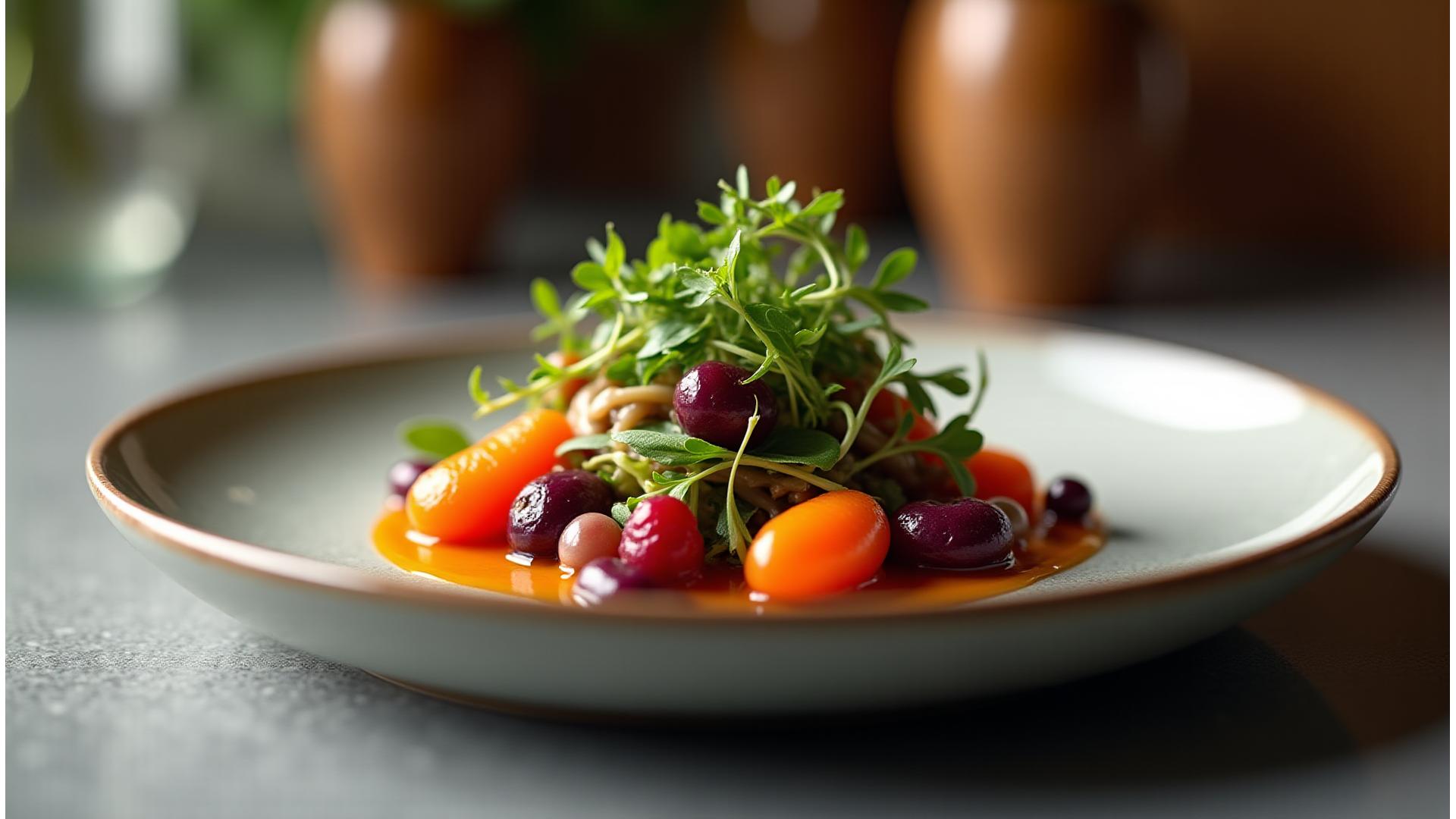 Plat végétal gastronomique innovant, coloré et élégant