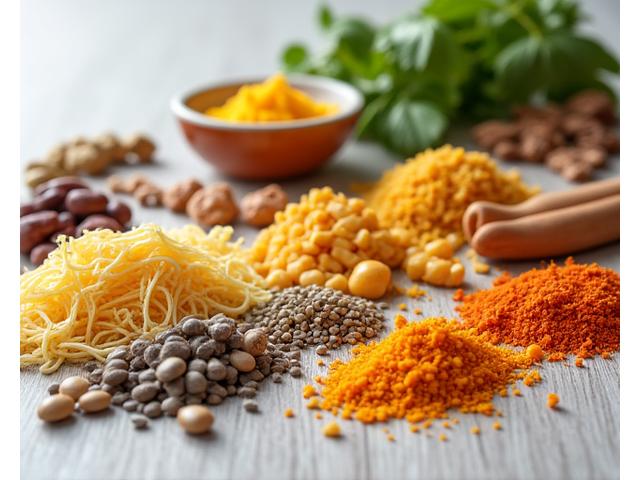 Assortiment d'ingrédients végétaux rares et spéciaux sur un comptoir