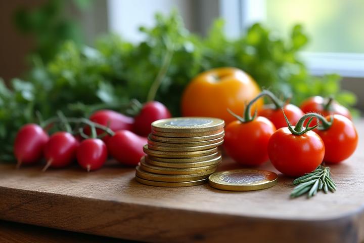 Une pile de pièces de monnaie françaises et de légumes frais, symbolisant les économies réalisées grâce au sourcing local et durable.