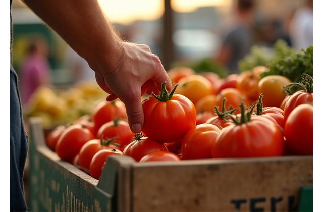 Une main choisissant des légumes frais et locaux sur un étal de marché fermier, symbolisant le sourcing durable et de qualité.