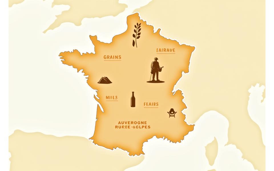 Carte stylisée de la région Auvergne-Rhône-Alpes avec des icônes de producteurs locaux, illustrant le réseau de Fleurie Saveurs.