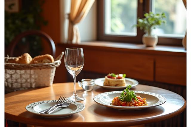 Intérieur chaleureux et authentique du Bistrot de la Presqu'île, avec des produits frais sur les tables.