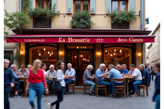 Façade d'une brasserie animée à Lyon, avec l'enseigne 'La Brasserie des Canuts', une terrasse remplie de clients souriants.
